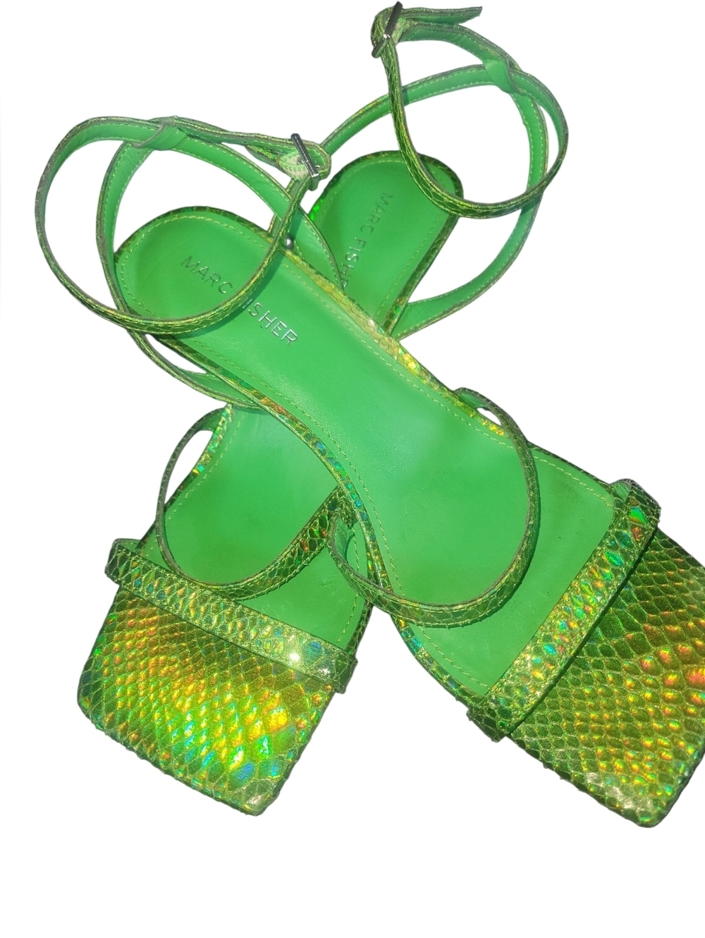 Marc Fisher Neon Green Iridescent Strappy Sandals Sz 8 1/2 M - Picture 4 of 9